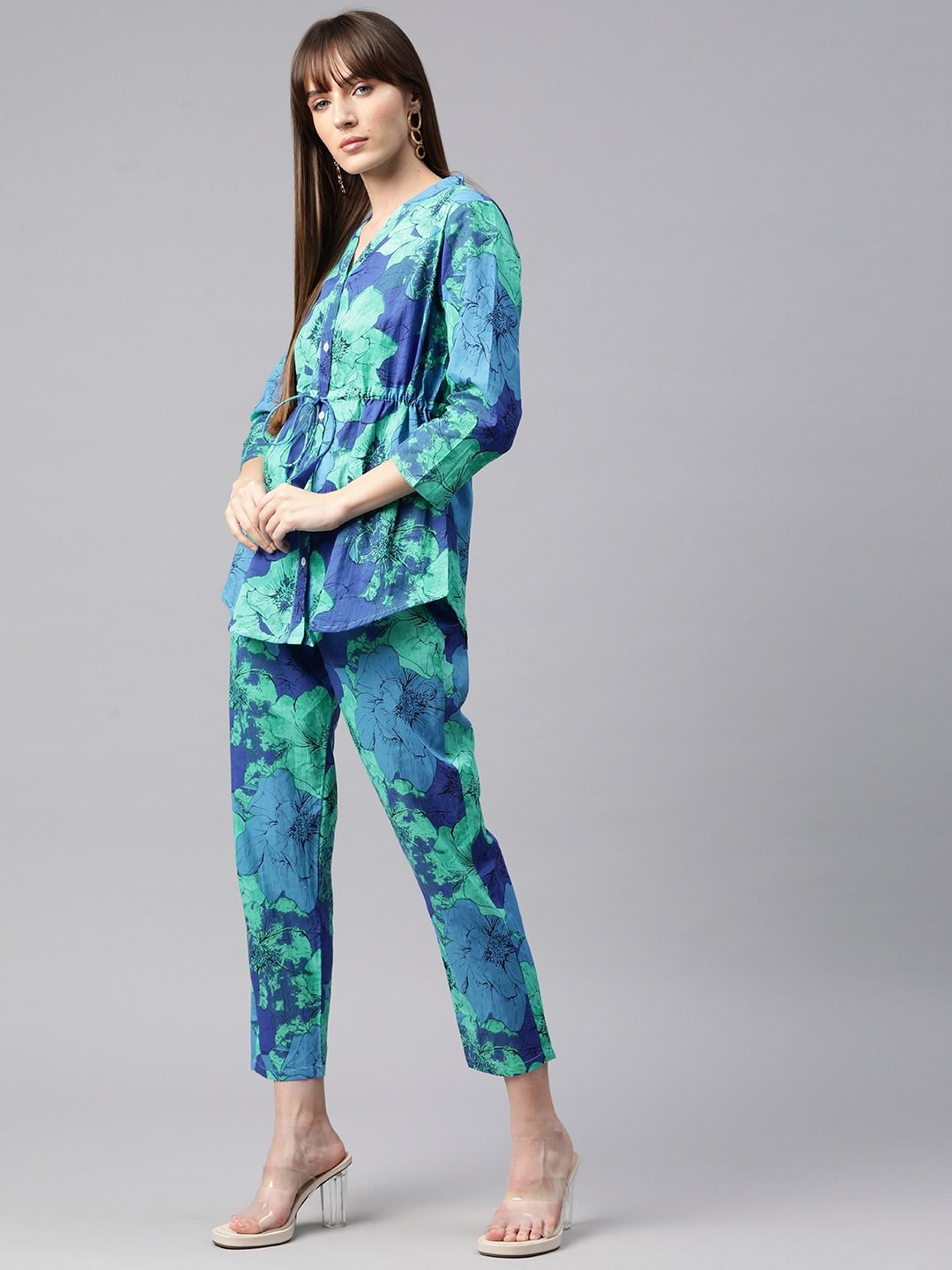 Shirt Style Cotton Fabric Blue Color Co-Ord Set