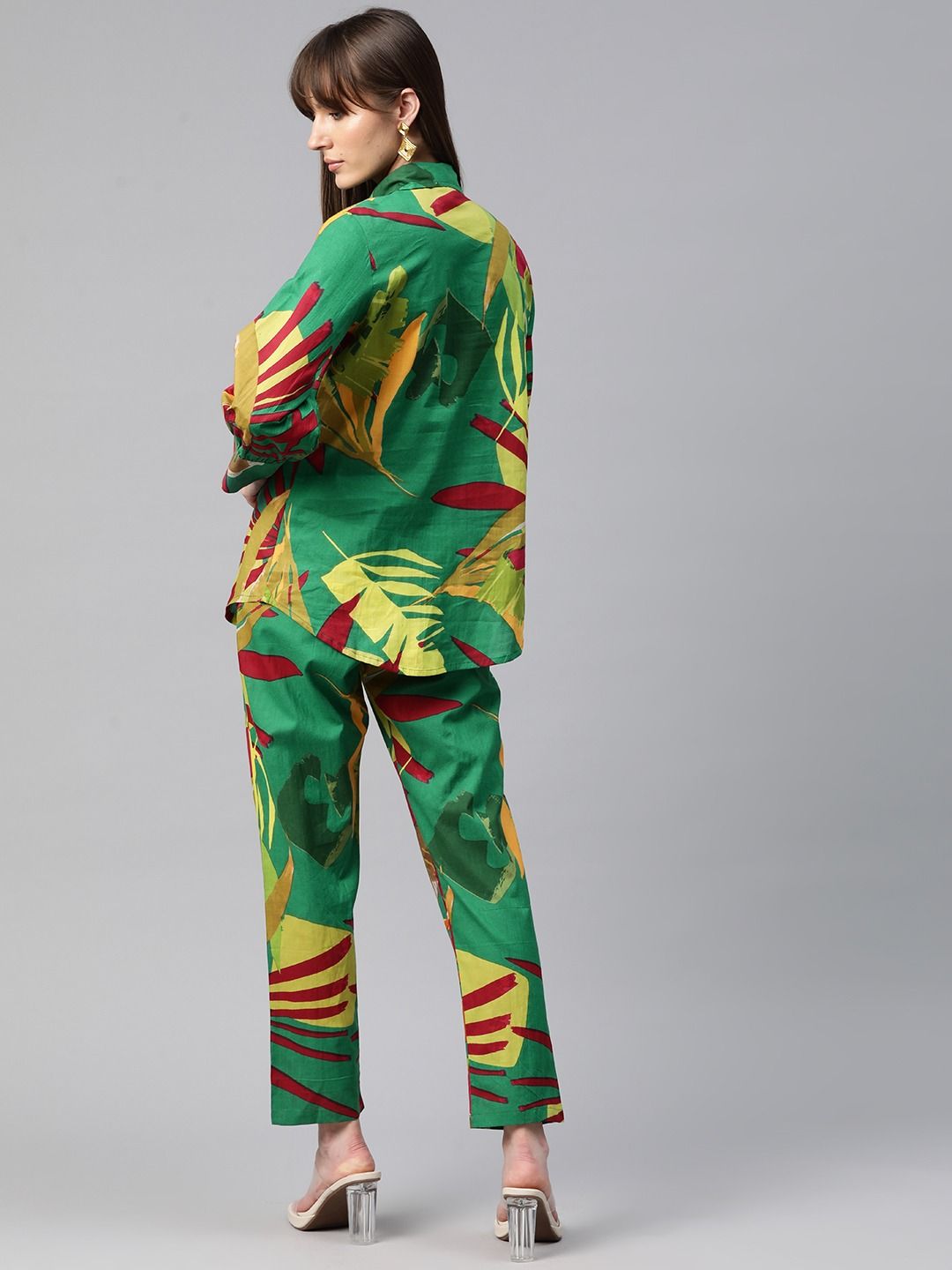 Shirt Style Cotton Fabric Green Color Co-Ord Set