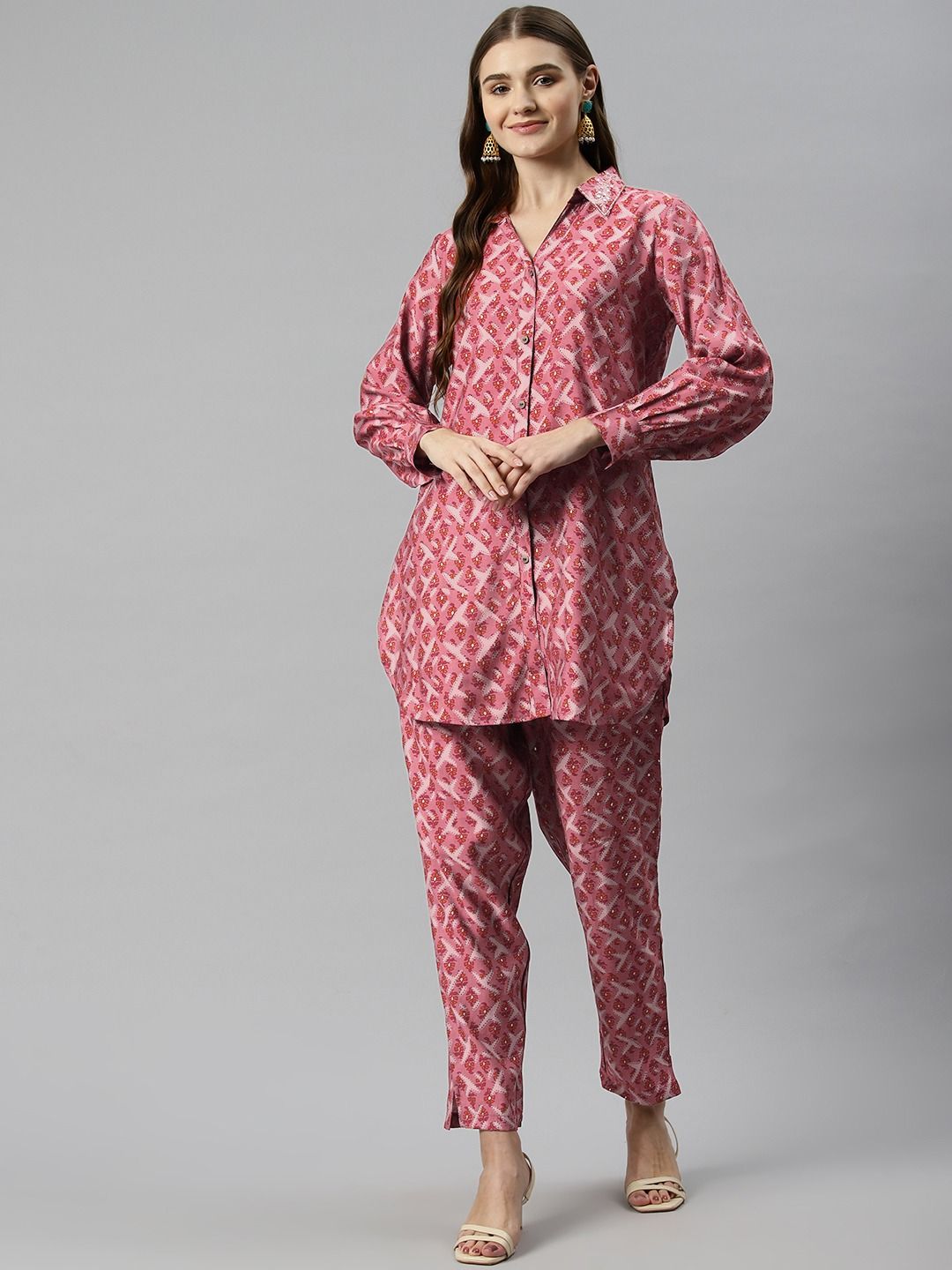 A Line Style Silk Fabric Pink Color Co-Ord Set