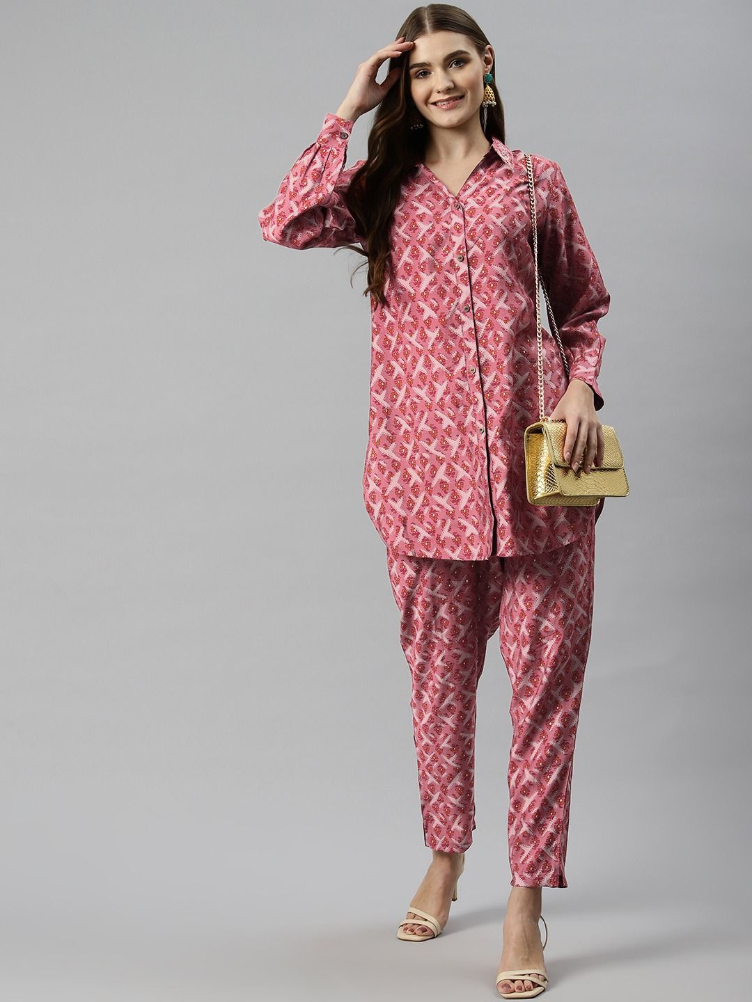 A Line Style Silk Fabric Pink Color Co-Ord Set