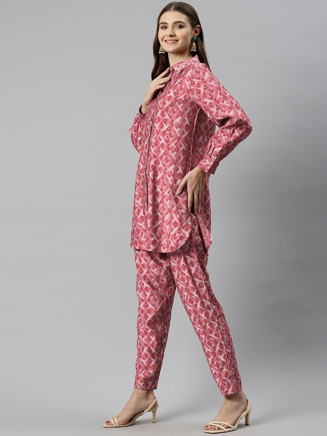 A Line Style Silk Fabric Pink Color Co-Ord Set