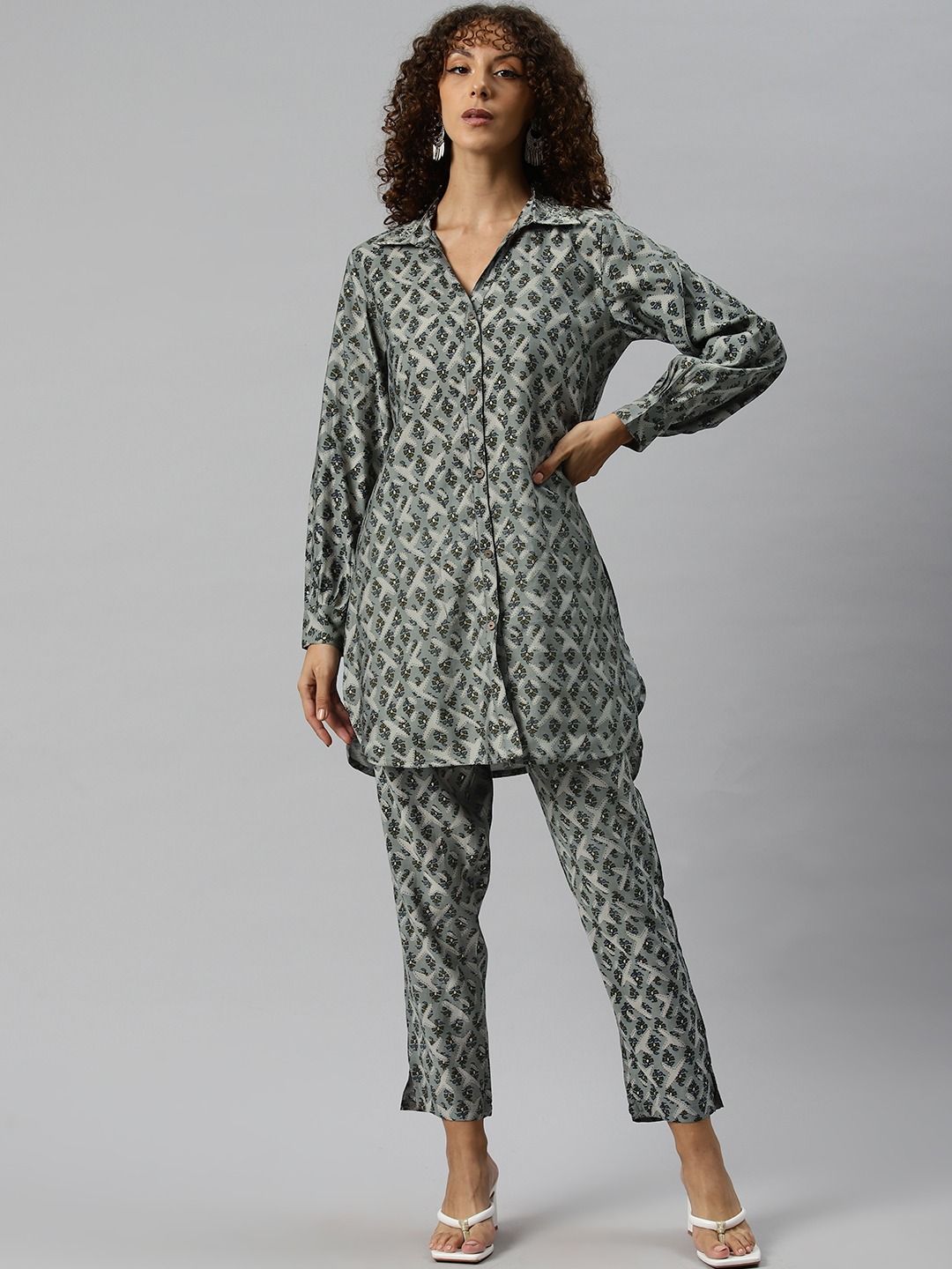 A Line Style Silk Fabric Grey Color Co-Ord Set