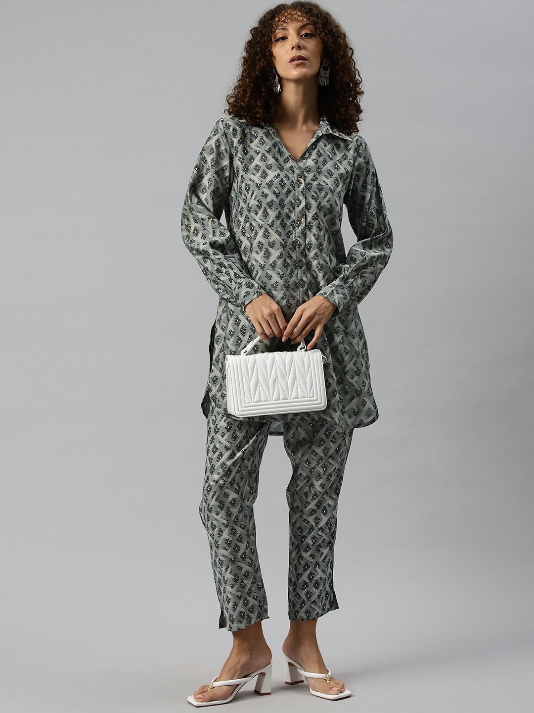 A Line Style Silk Fabric Grey Color Co-Ord Set