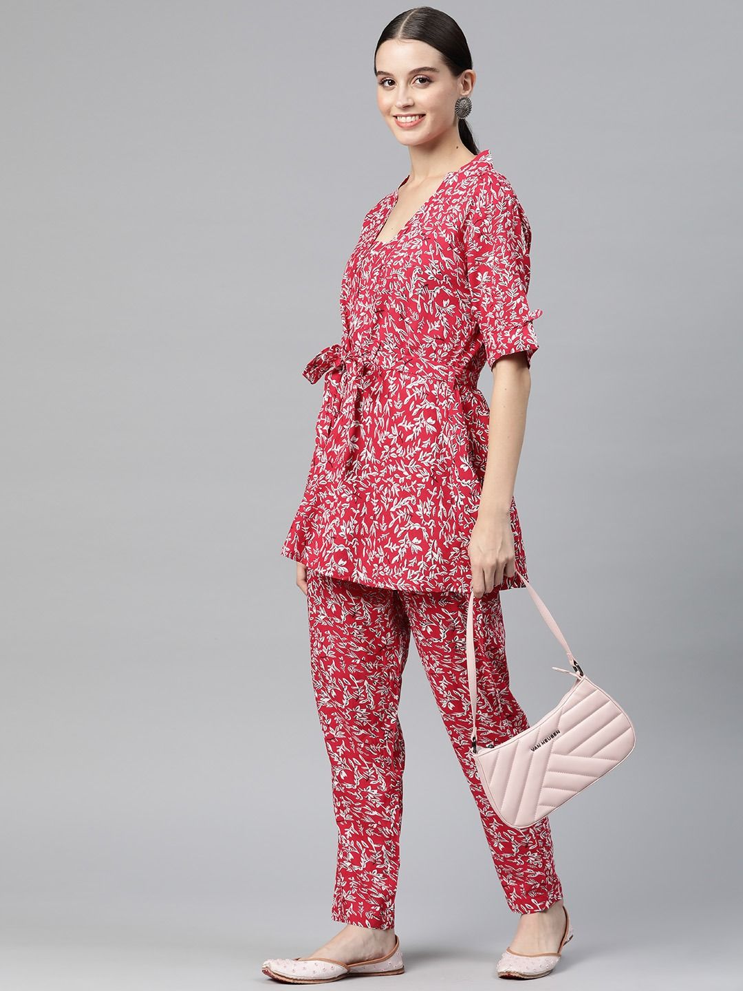 Frock Style Cotton Fabric Red Color Co-Ord Set