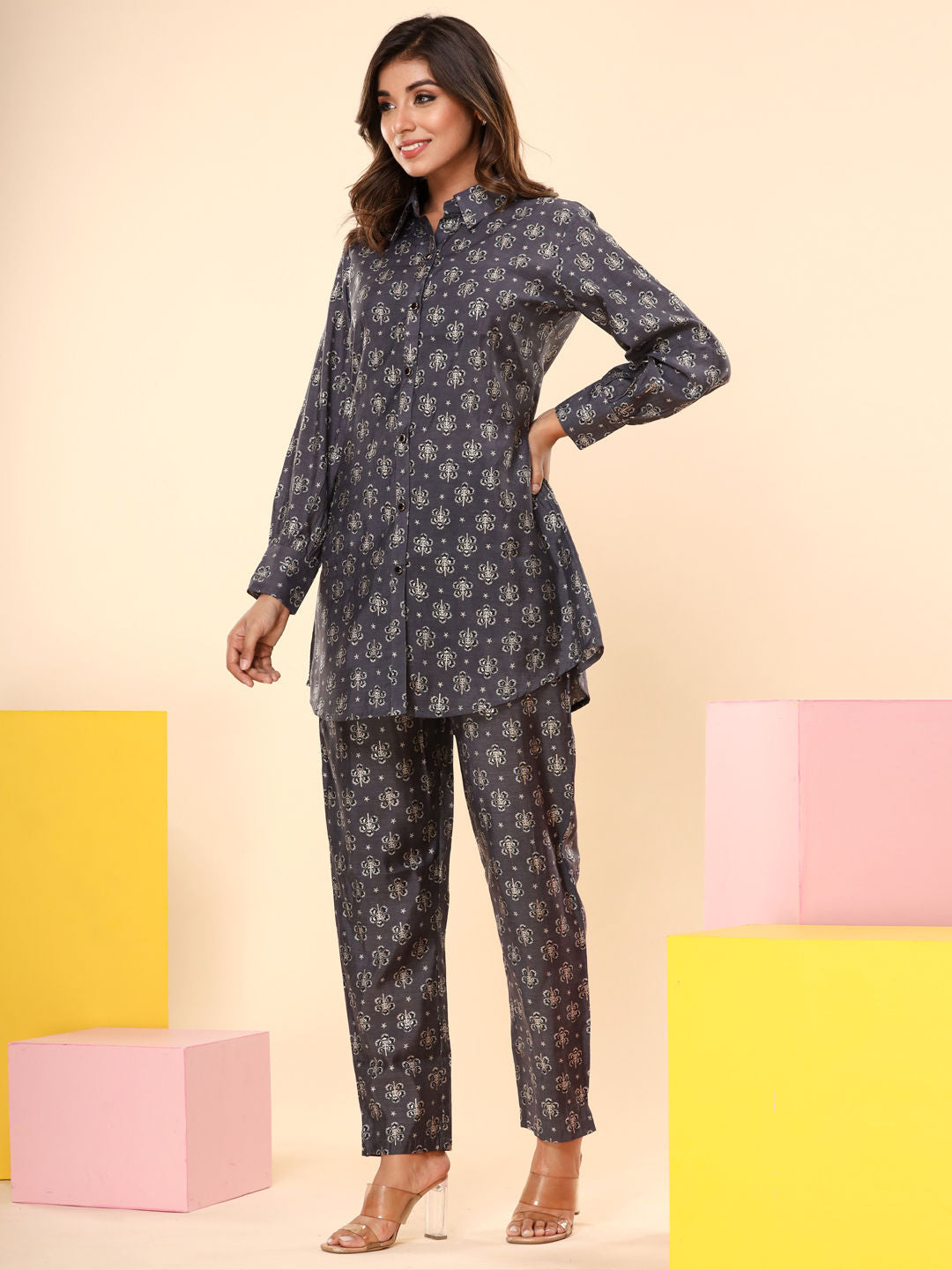Shirt Style Silk Fabric Grey Color Co-Ord Set