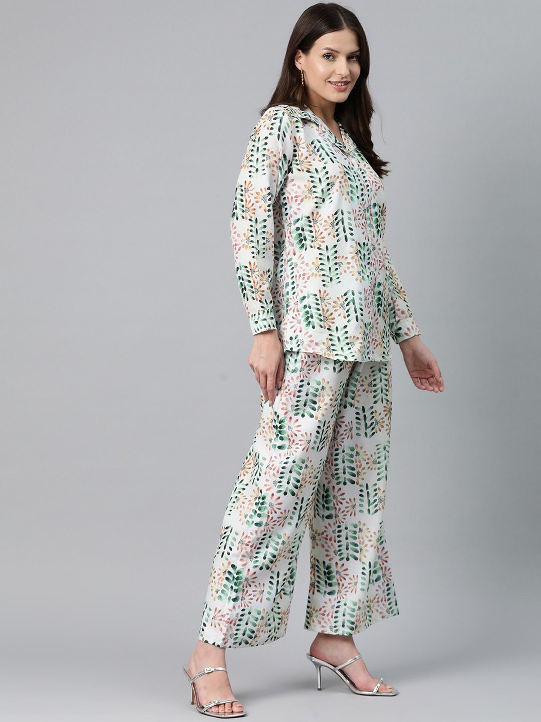 Shirt Style Cotton Fabric Off White Color Co-Ord Set