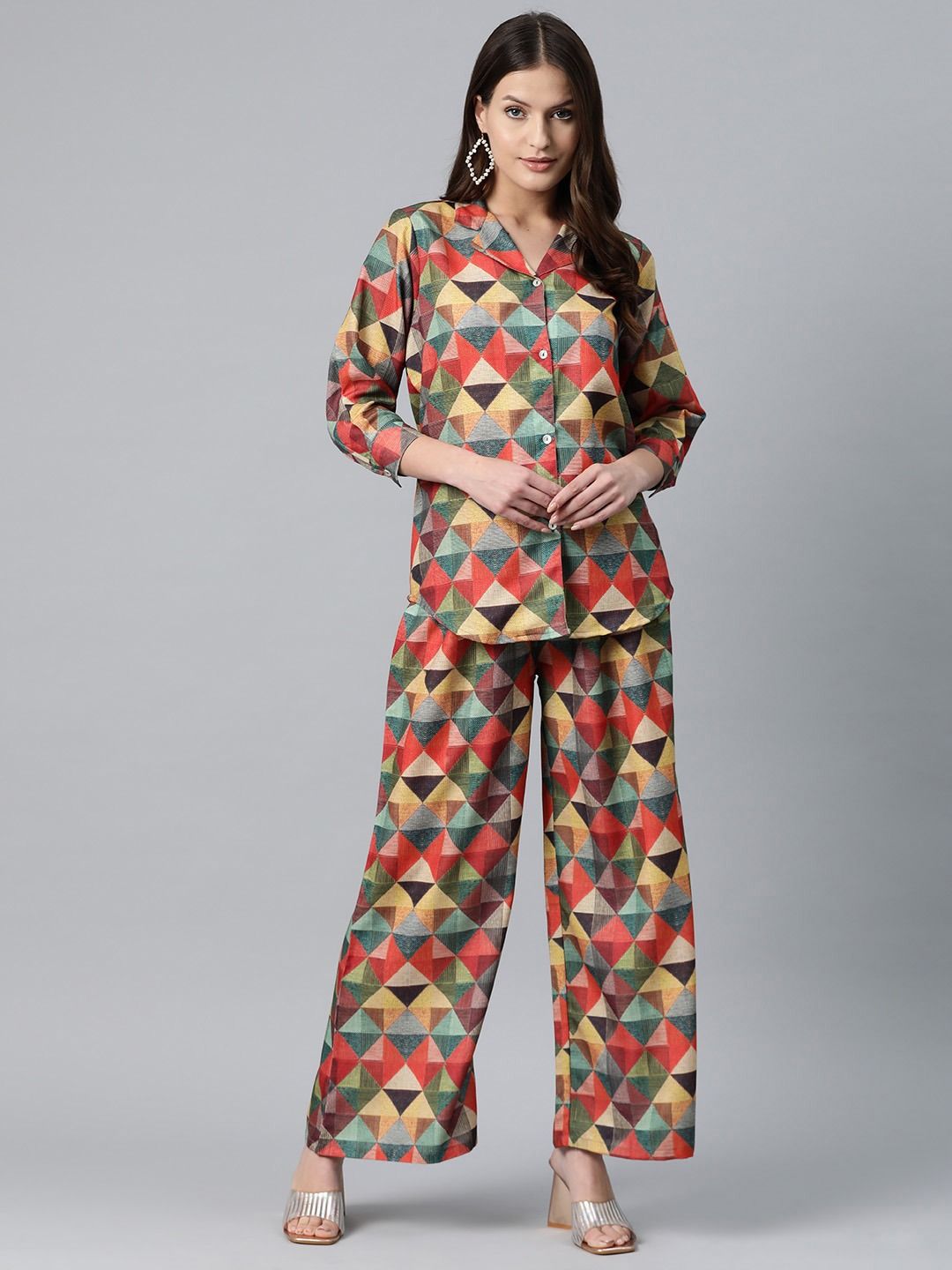Shirt Style Cotton Fabric Multi Color Co-Ord Set