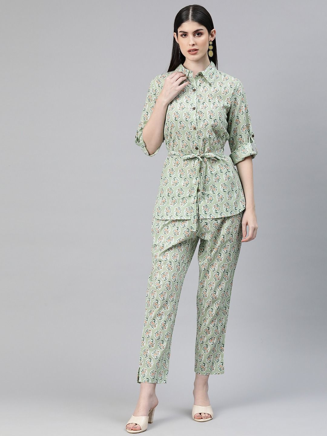 Shirts Style Cotton Fabric Green Color Co-Ord Set