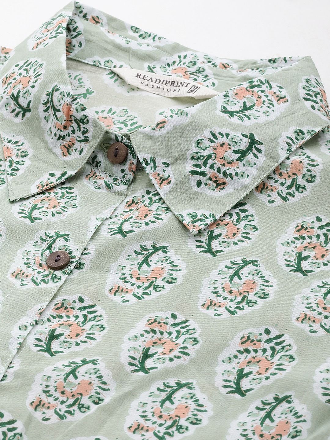 Shirts Style Cotton Fabric Green Color Co-Ord Set