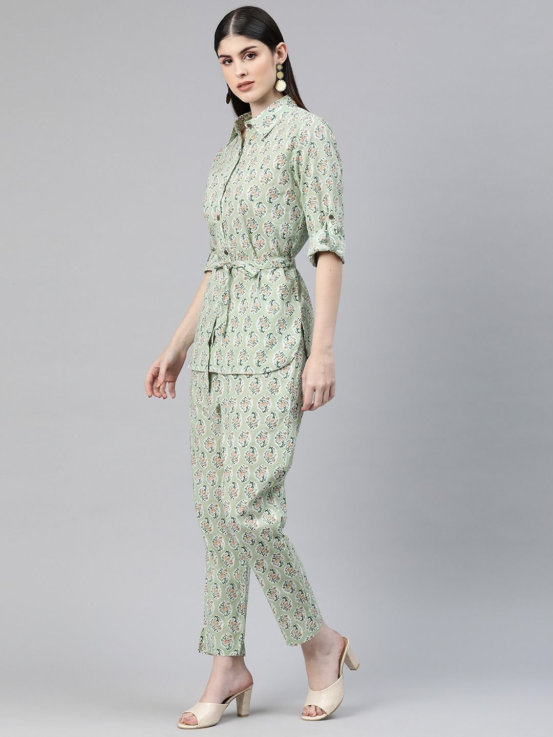Shirts Style Cotton Fabric Green Color Co-Ord Set