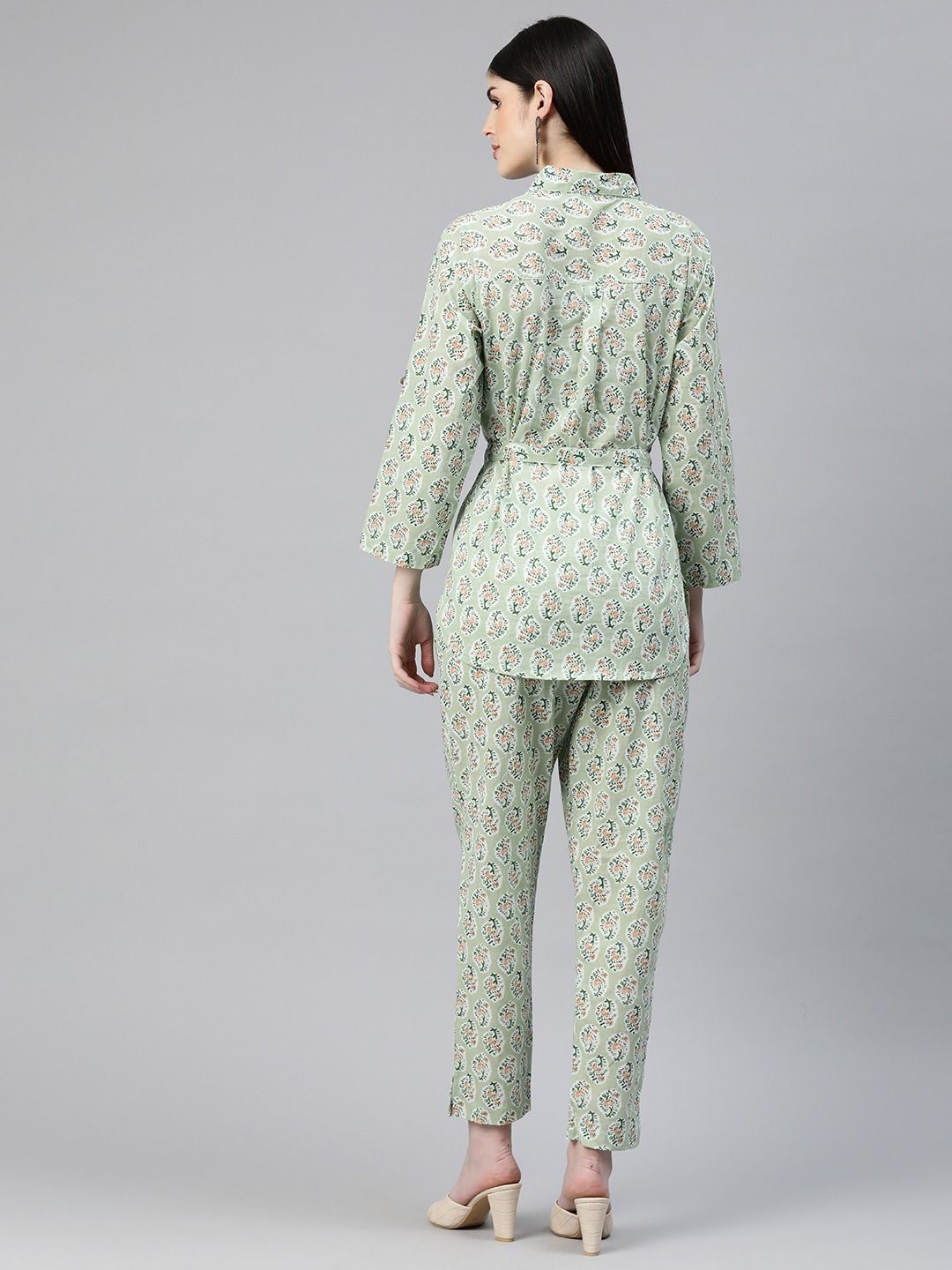 Shirts Style Cotton Fabric Green Color Co-Ord Set
