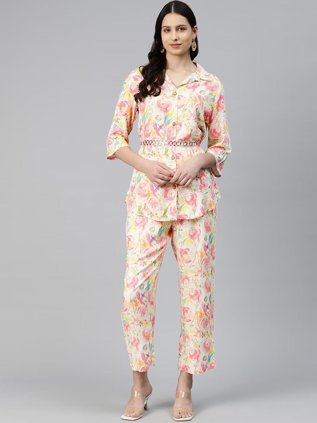 Shirts Style Rayon Fabric Cream Color Co-Ord Set