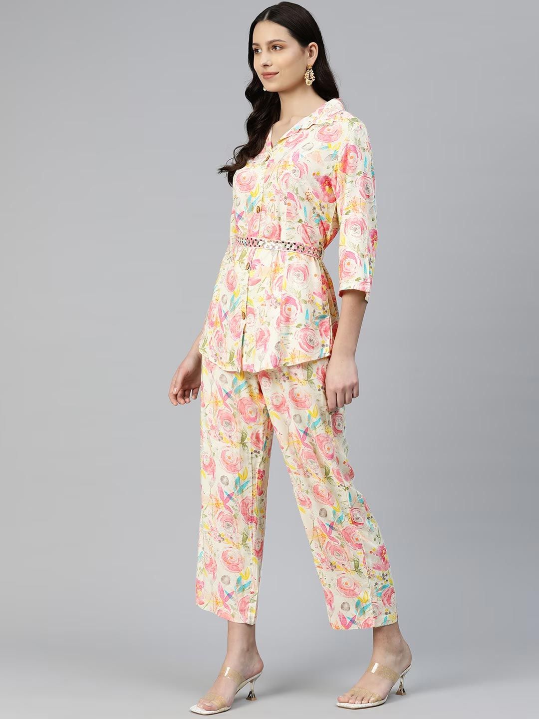 Shirts Style Rayon Fabric Cream Color Co-Ord Set