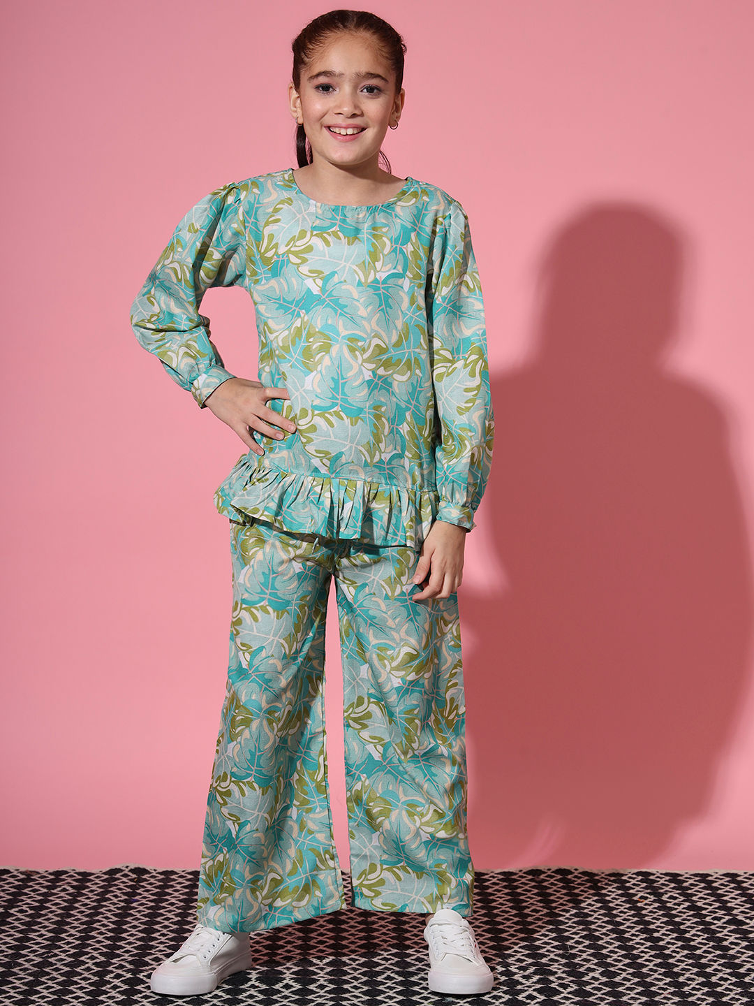 Straight Style Cotton Fabric Sea Green Color Co-Ord Set