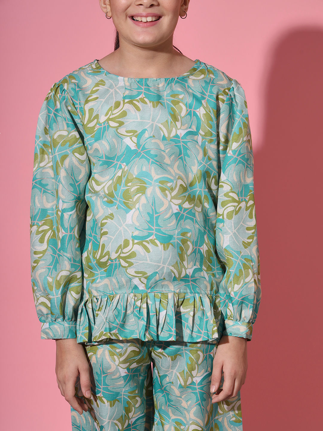 Straight Style Cotton Fabric Sea Green Color Co-Ord Set