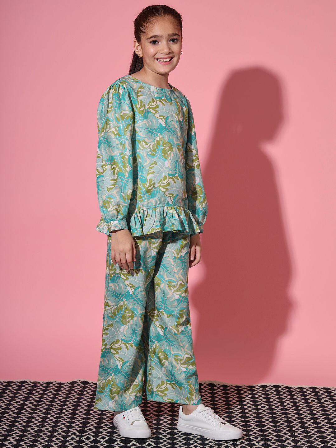 Straight Style Cotton Fabric Sea Green Color Co-Ord Set