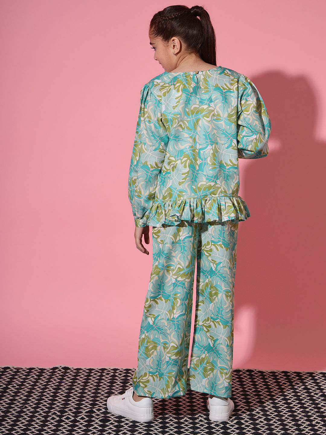 Straight Style Cotton Fabric Sea Green Color Co-Ord Set