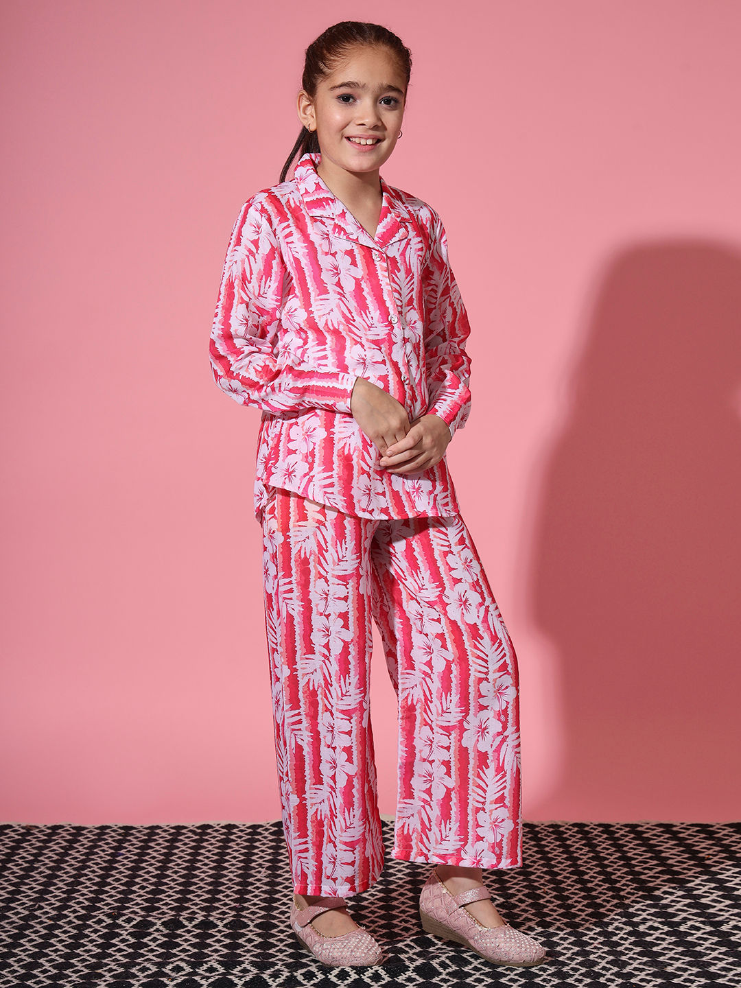 Shirt Style Cotton Fabric Pink Color Co-Ord Set