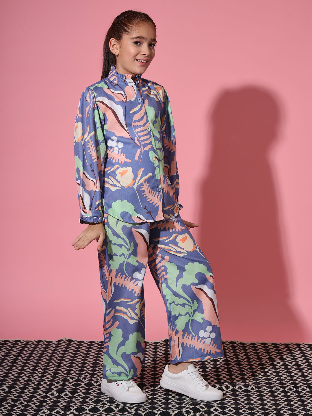 Shirt Style Cotton Fabric Blue Color Co-Ord Set