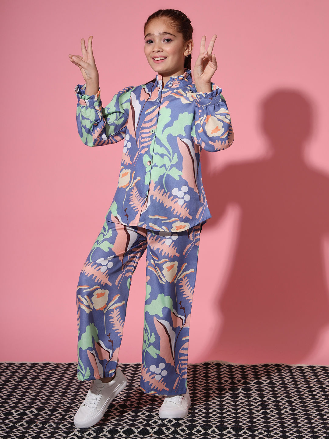 Shirt Style Cotton Fabric Blue Color Co-Ord Set