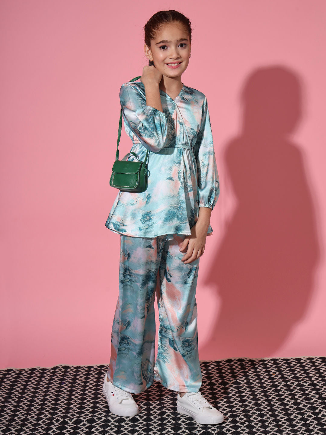 Peplum Style Satin Silk Fabric Green Color Co-Ord Set