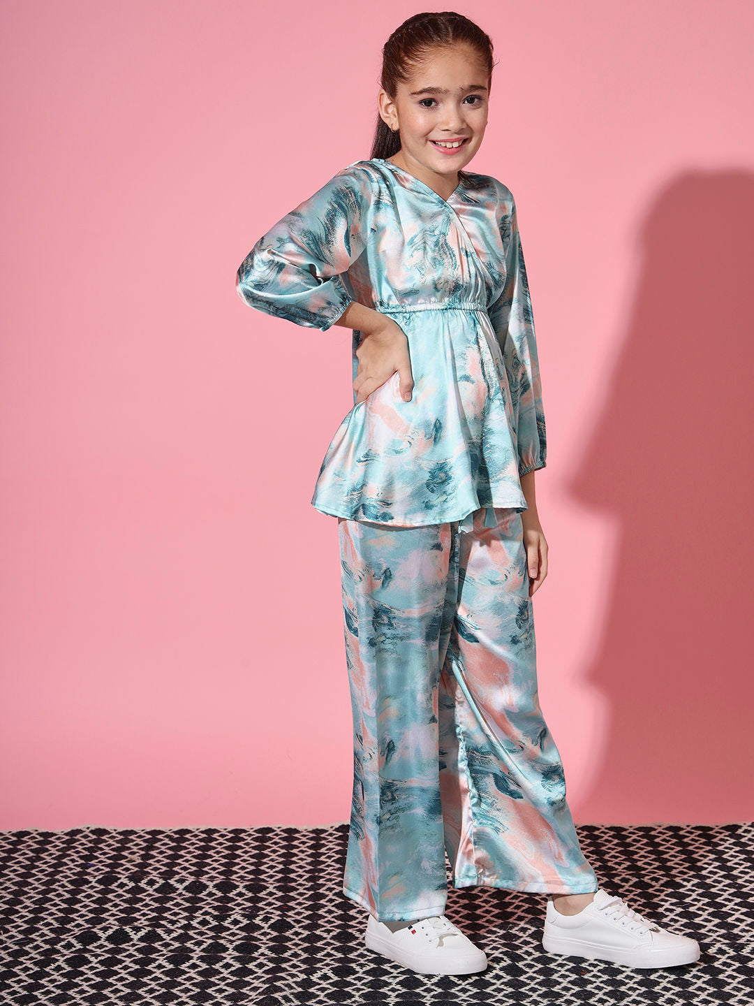 Peplum Style Satin Silk Fabric Green Color Co-Ord Set
