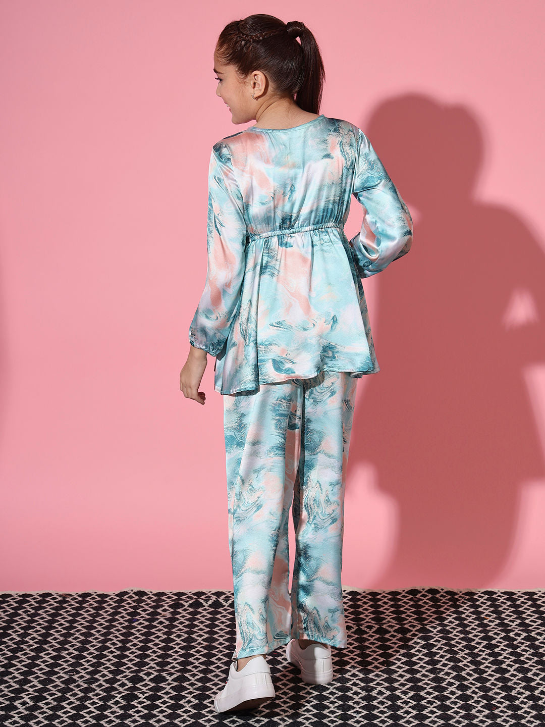 Peplum Style Satin Silk Fabric Green Color Co-Ord Set