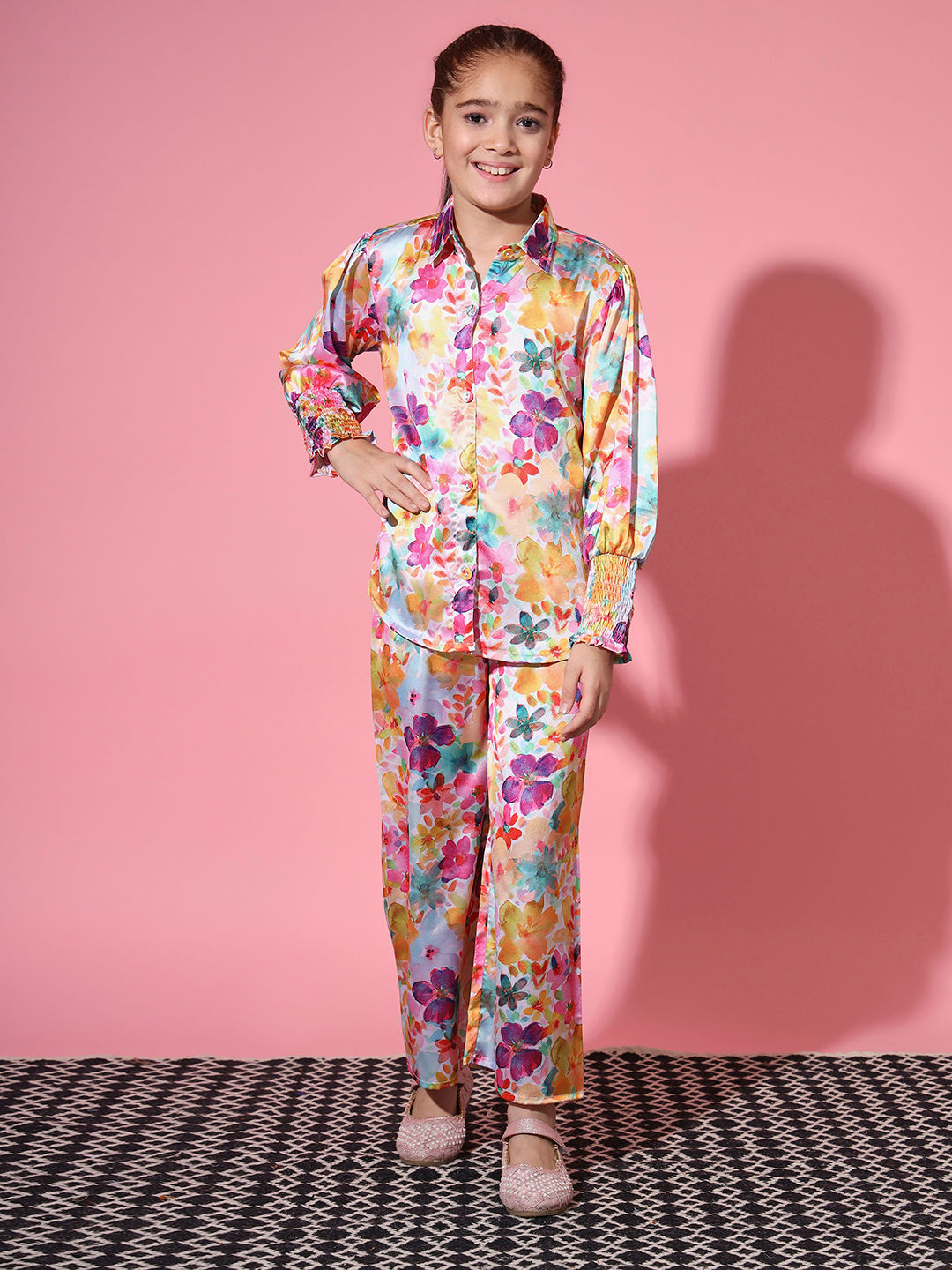 Shirt Style Satin Silk Fabric Multi Color Co-Ord Set