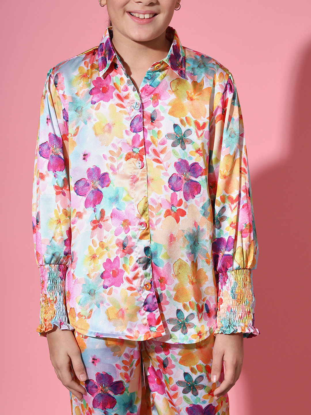 Shirt Style Satin Silk Fabric Multi Color Co-Ord Set