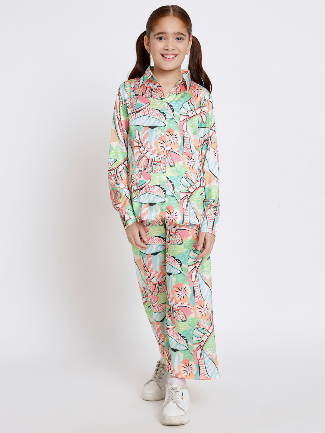 Shirts Style Satin Fabric Green Color Co-Ord Set