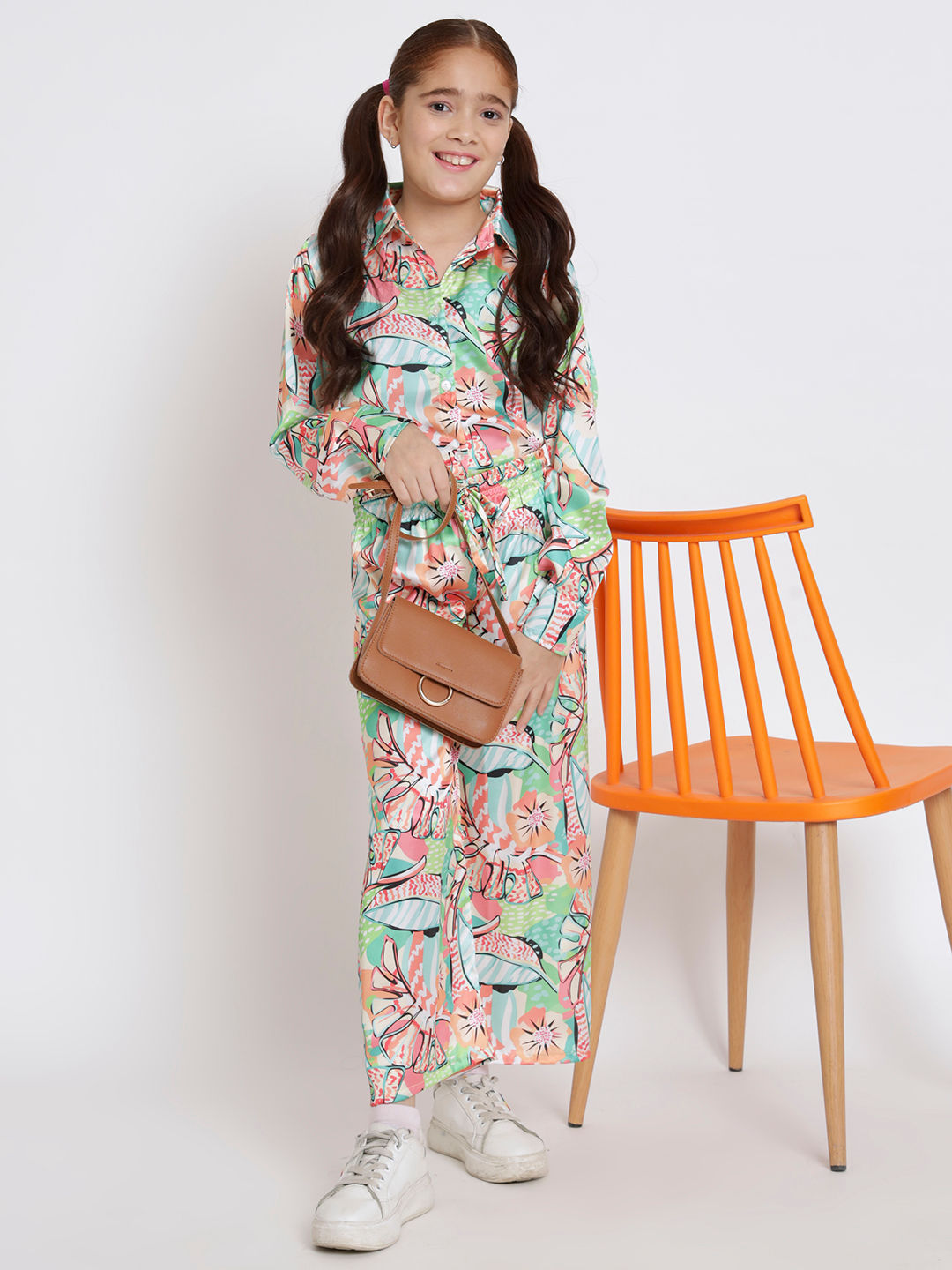 Shirts Style Satin Fabric Green Color Co-Ord Set