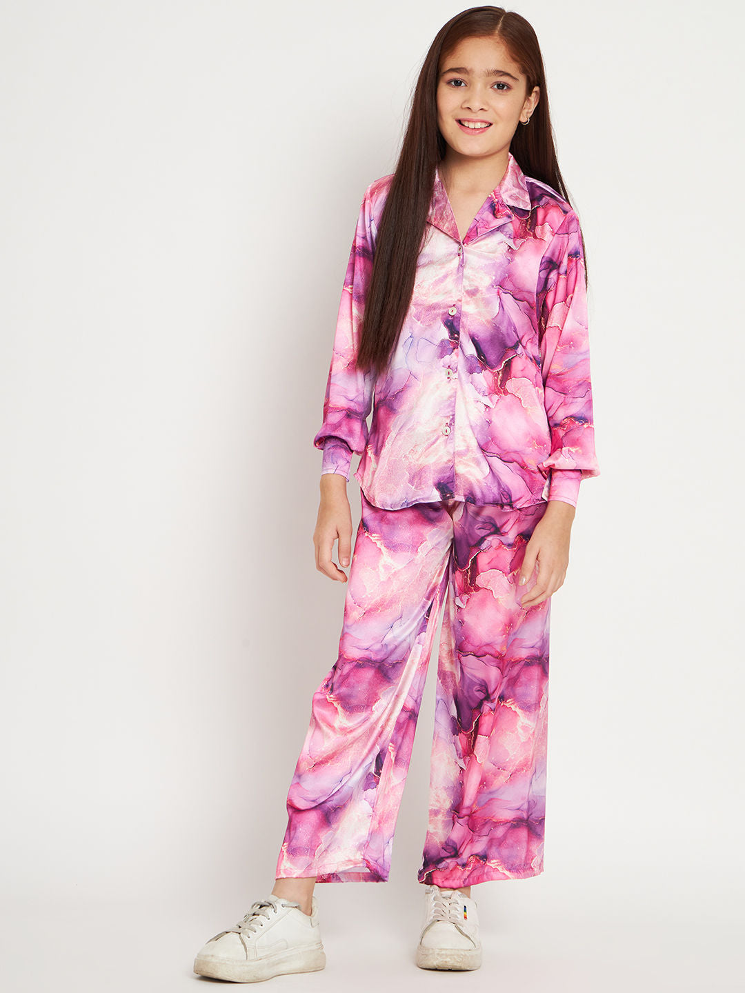 Shirts Style Satin Fabric Purple Color Co-Ord Set