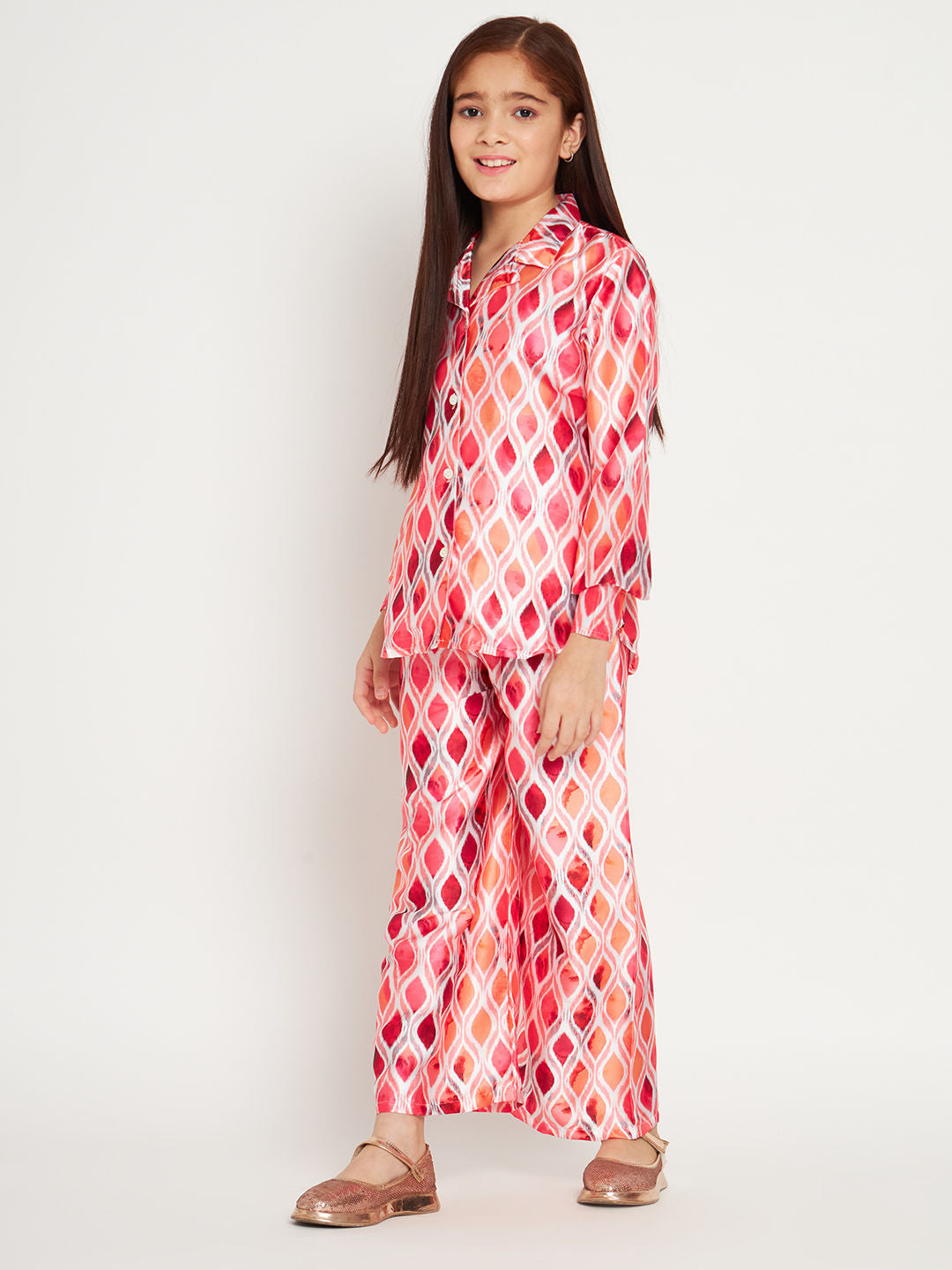 Shirts Style Satin Fabric Peach Color Co-Ord Set