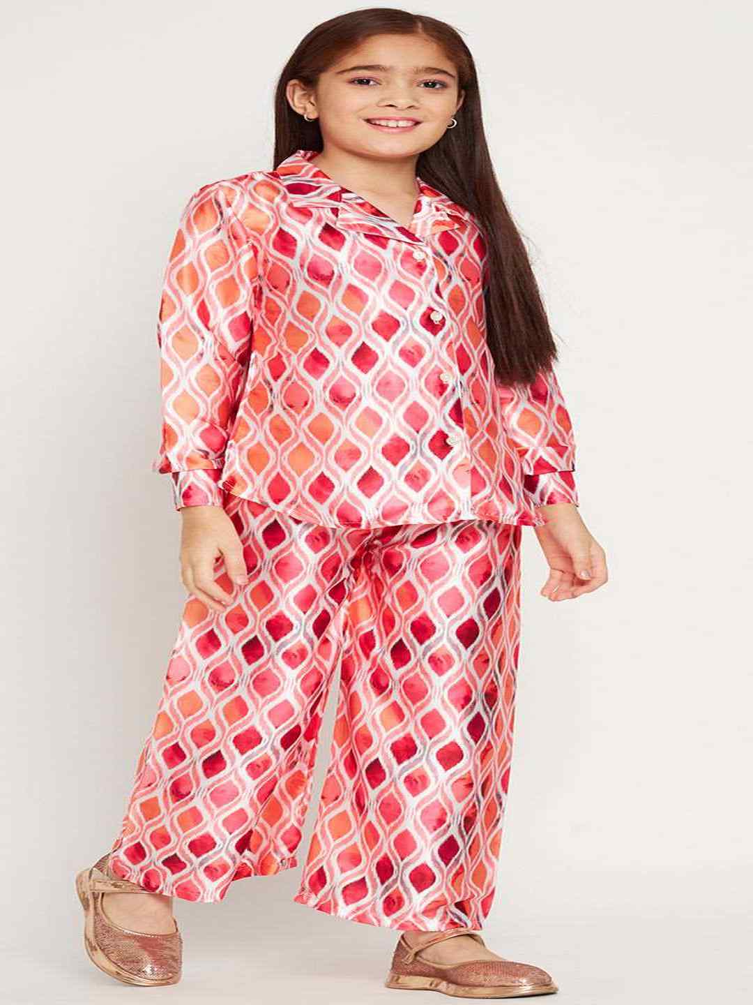 Shirts Style Satin Fabric Peach Color Co-Ord Set