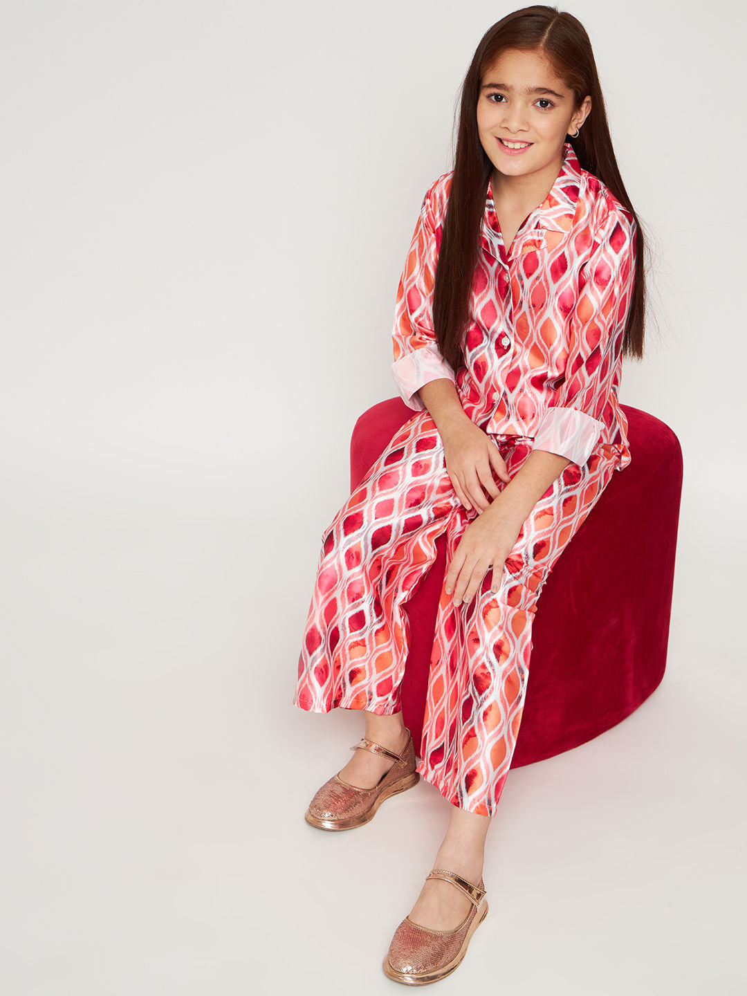 Shirts Style Satin Fabric Peach Color Co-Ord Set