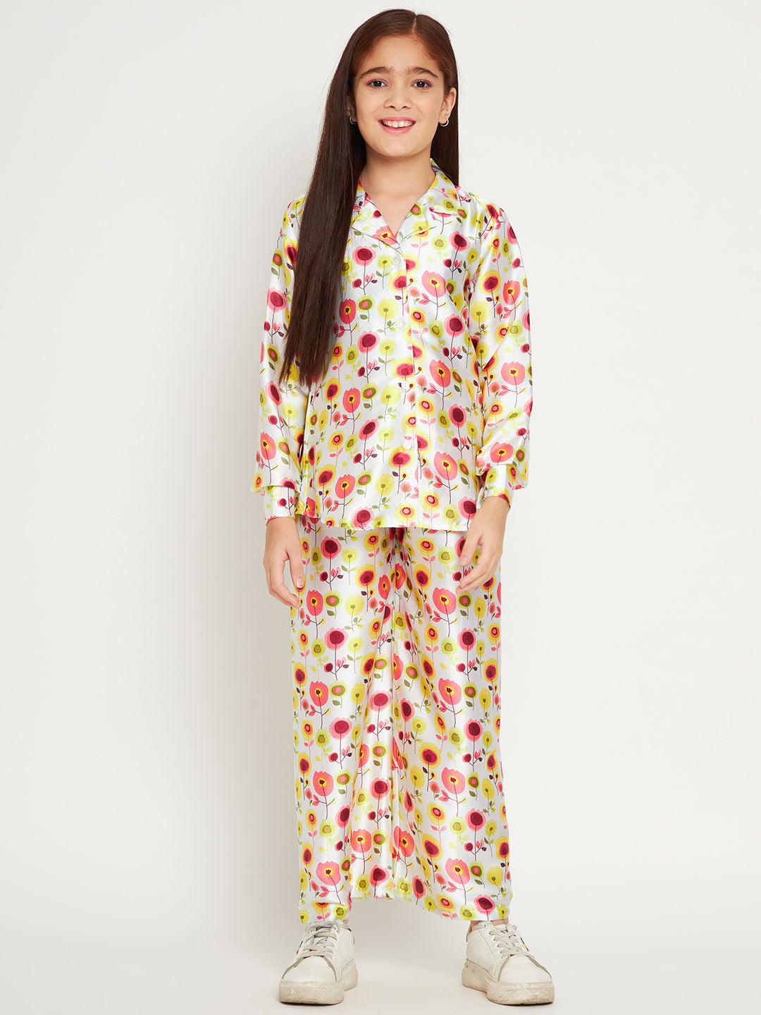 Shirts Style Satin Fabric White Color Co-Ord Set