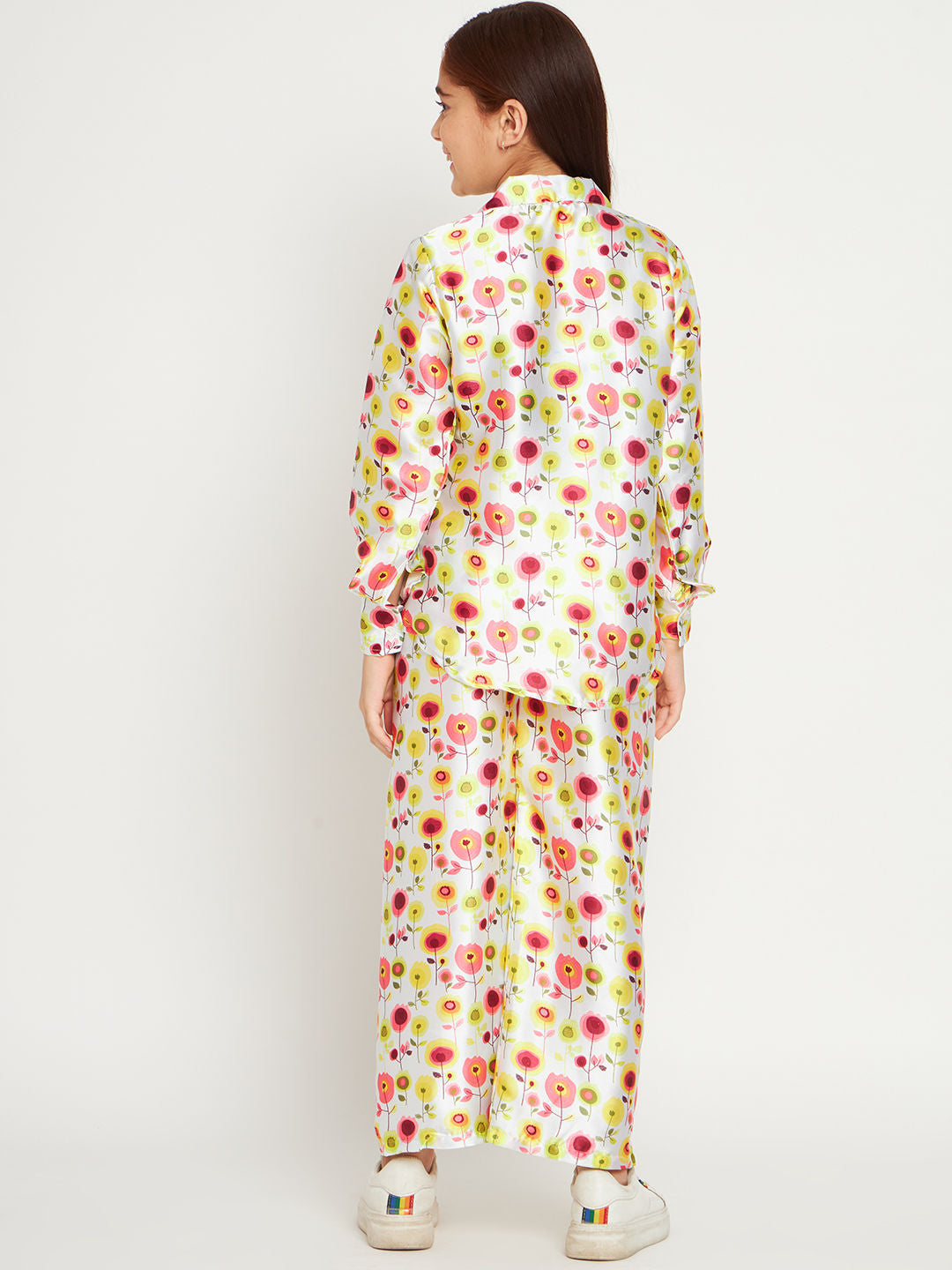 Shirts Style Satin Fabric White Color Co-Ord Set
