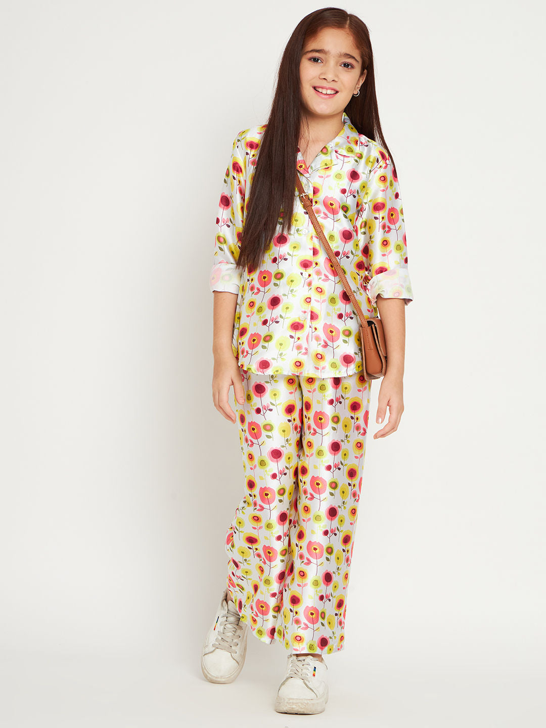 Shirts Style Satin Fabric White Color Co-Ord Set