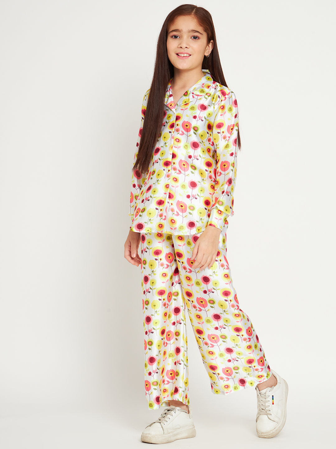 Shirts Style Satin Fabric White Color Co-Ord Set