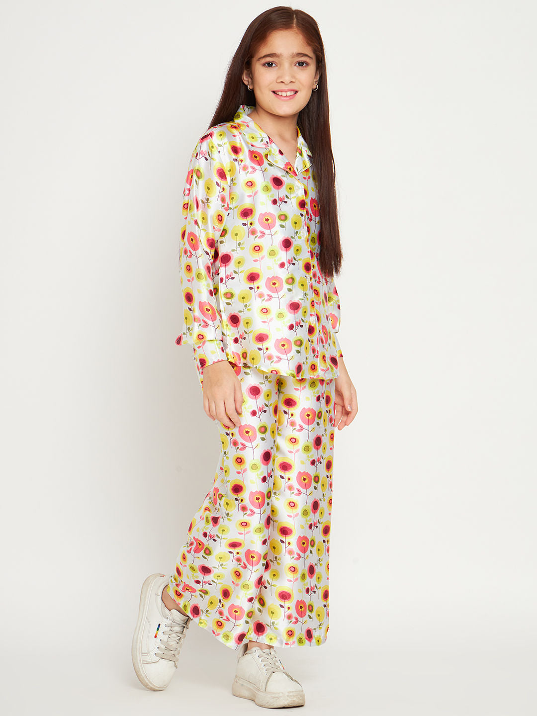 Shirts Style Satin Fabric White Color Co-Ord Set
