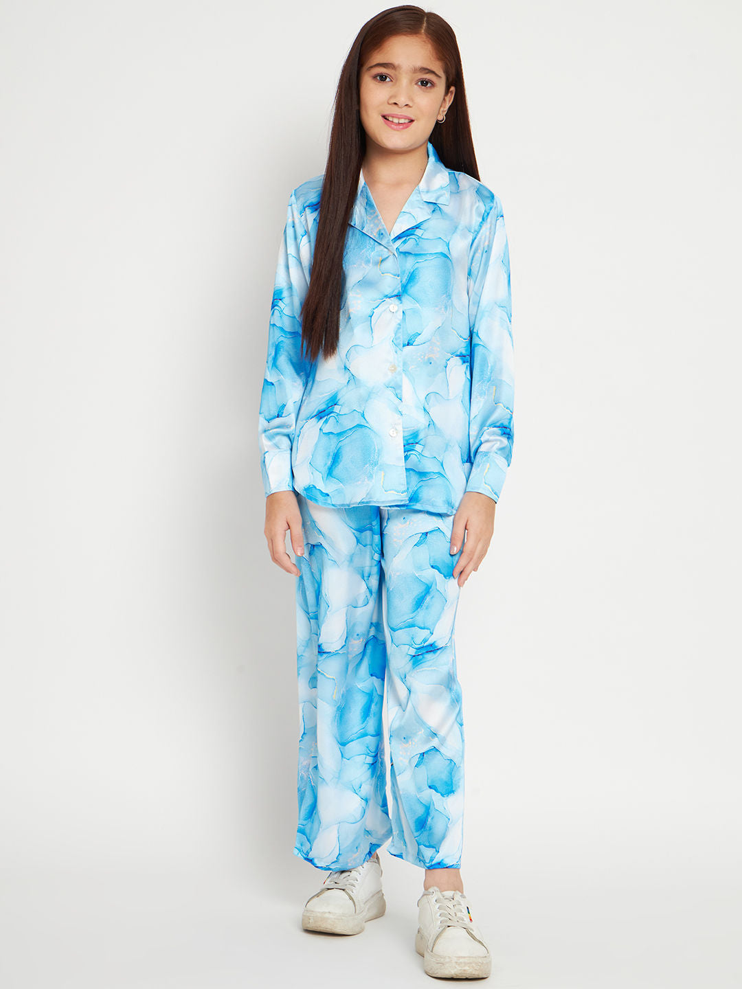 Shirts Style Satin Fabric Blue Color Co-Ord Set