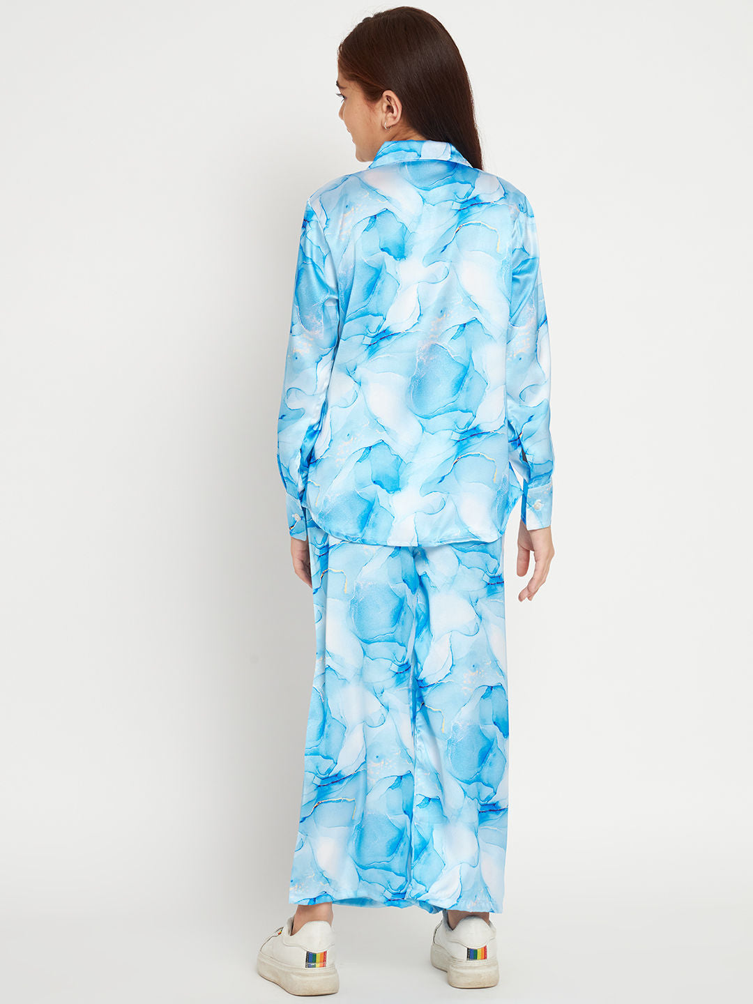 Shirts Style Satin Fabric Blue Color Co-Ord Set
