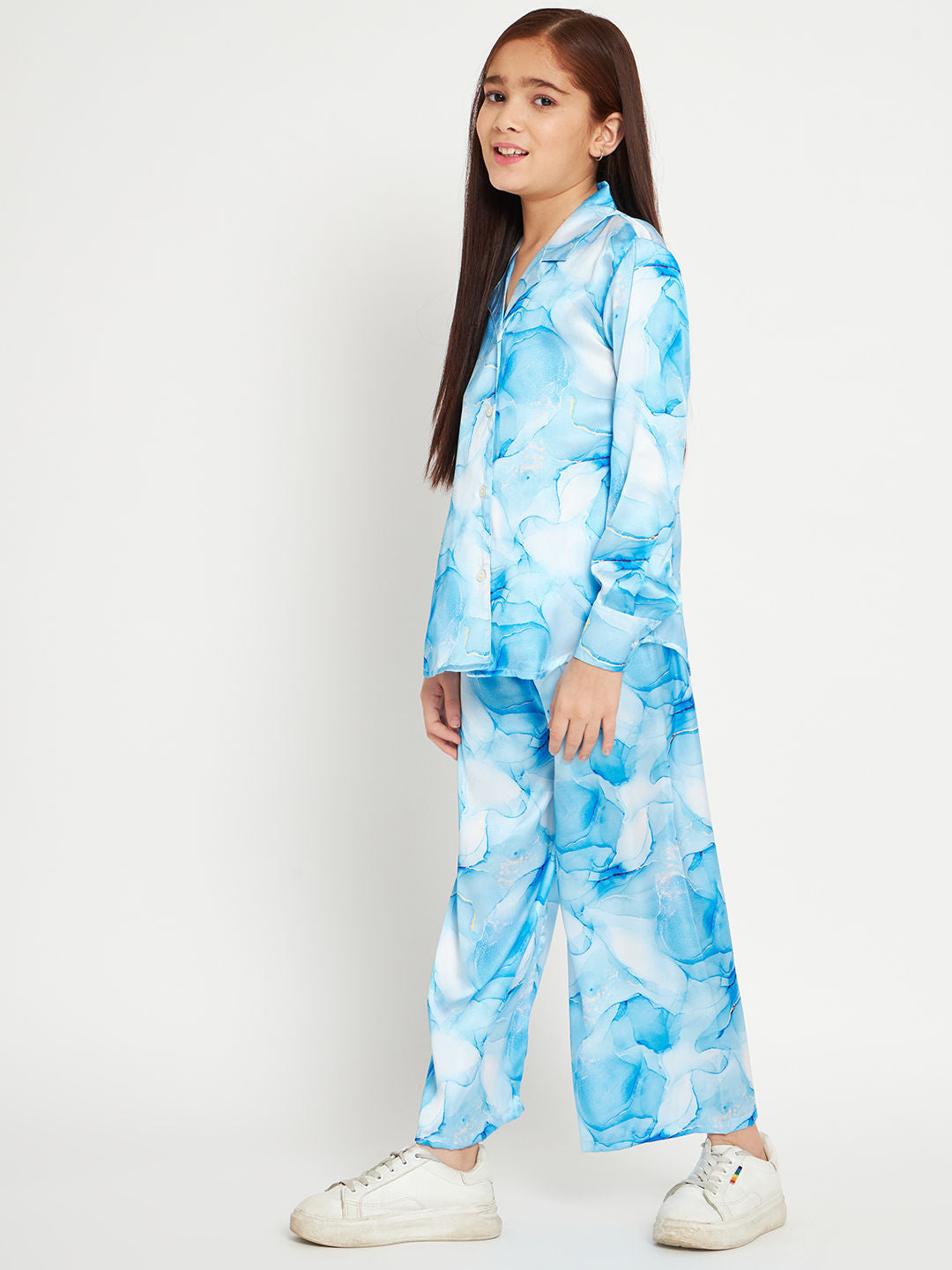Shirts Style Satin Fabric Blue Color Co-Ord Set