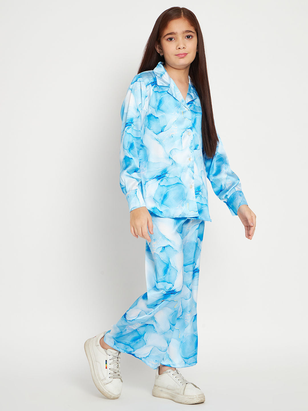 Shirts Style Satin Fabric Blue Color Co-Ord Set