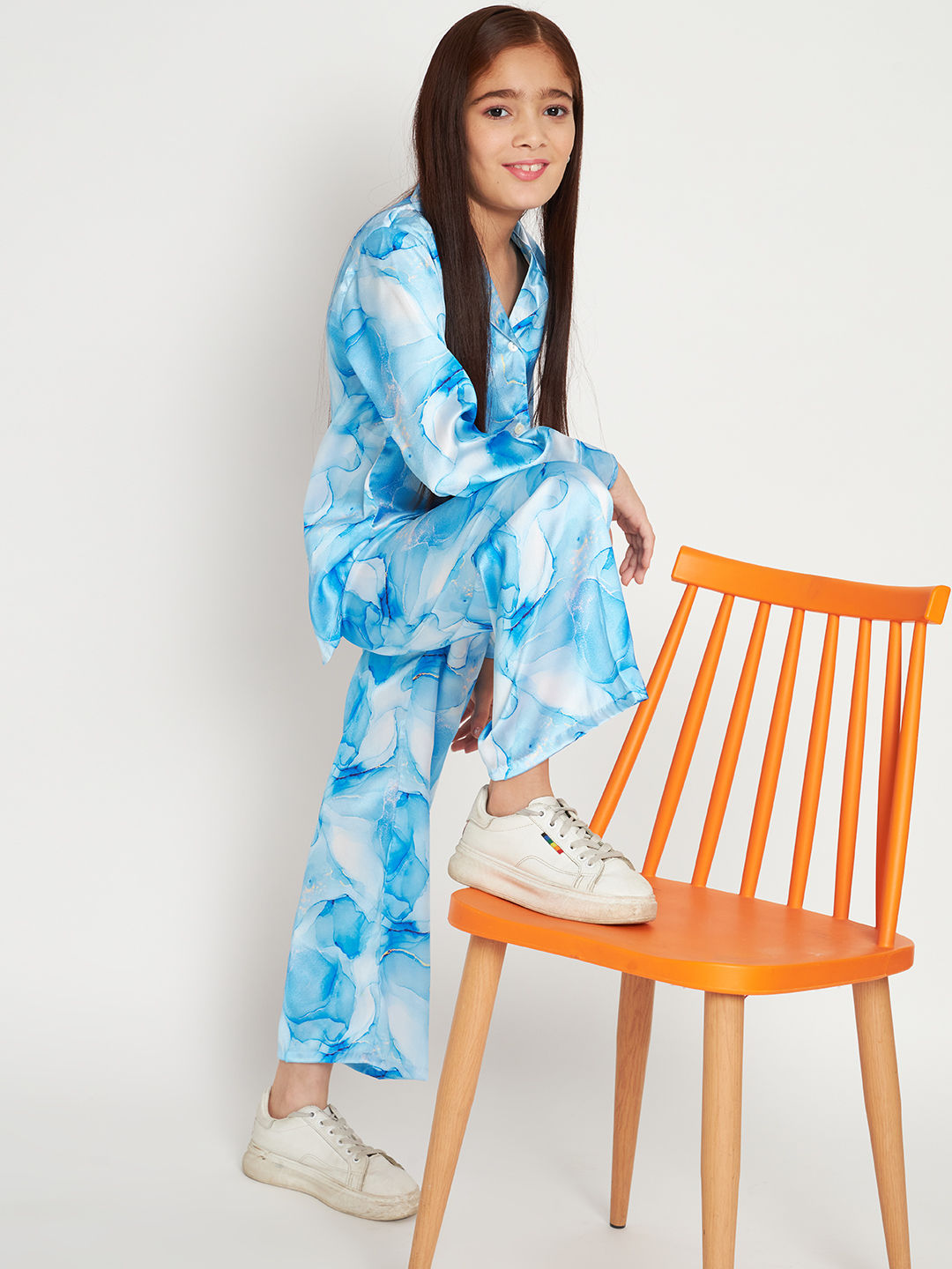 Shirts Style Satin Fabric Blue Color Co-Ord Set