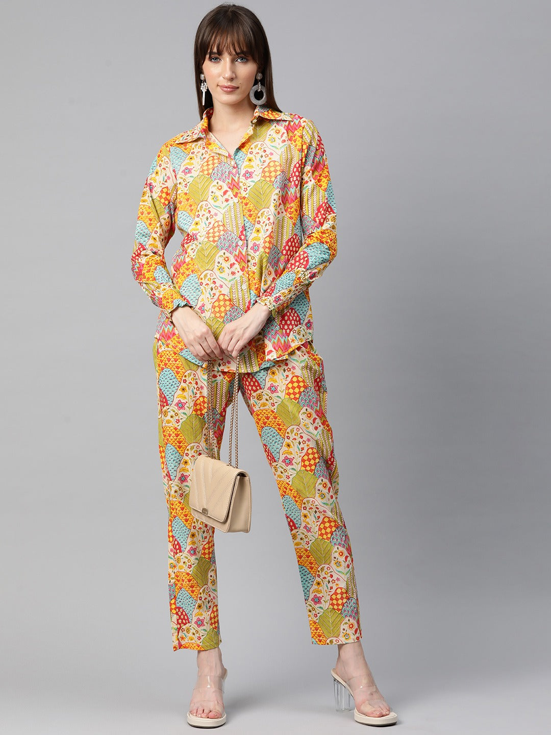Shirt Style Cotton Fabric Green Color Co-Ord Set