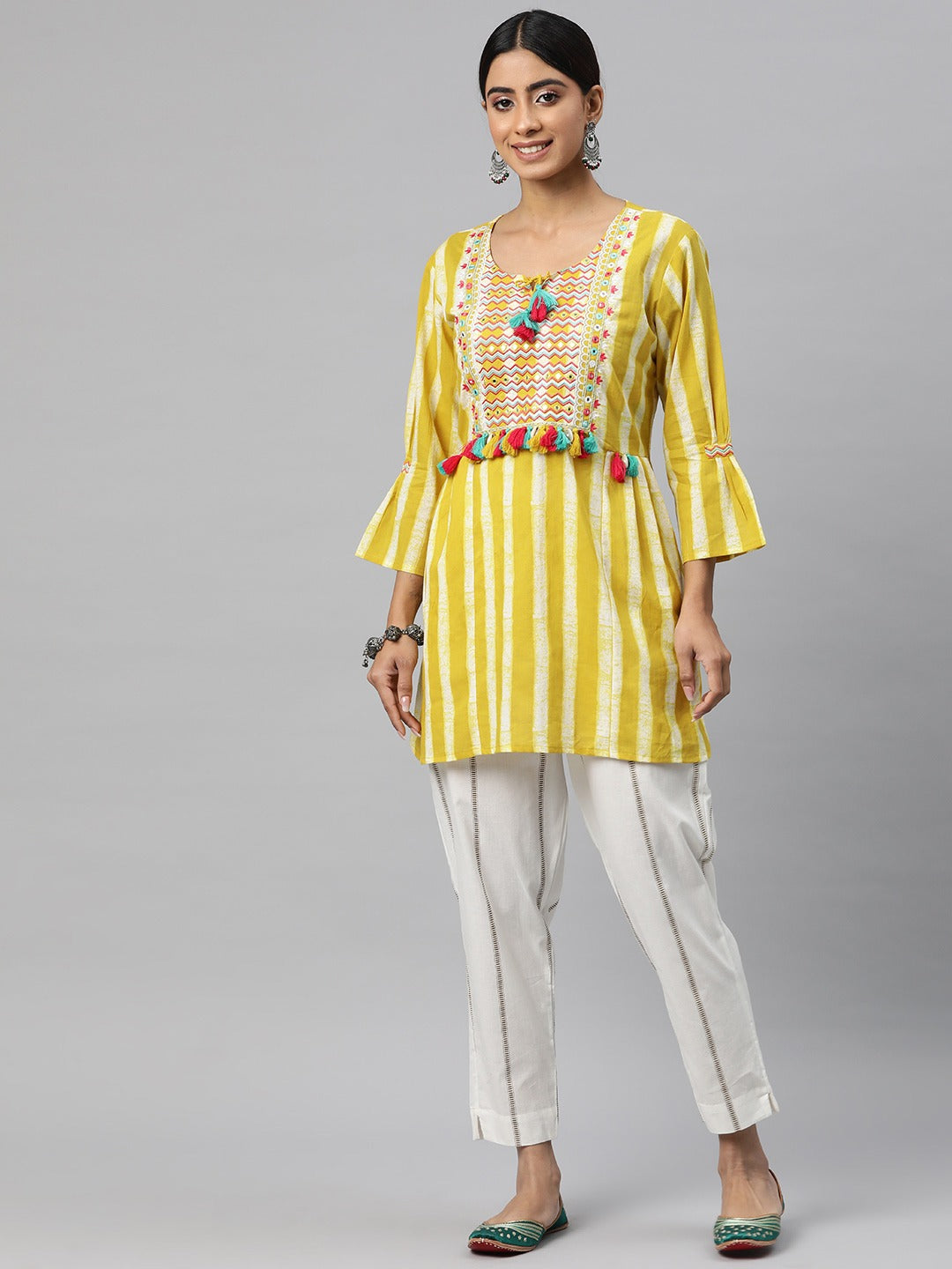 A Line Style Cotton Fabric Yellow Color Co-Ord Set