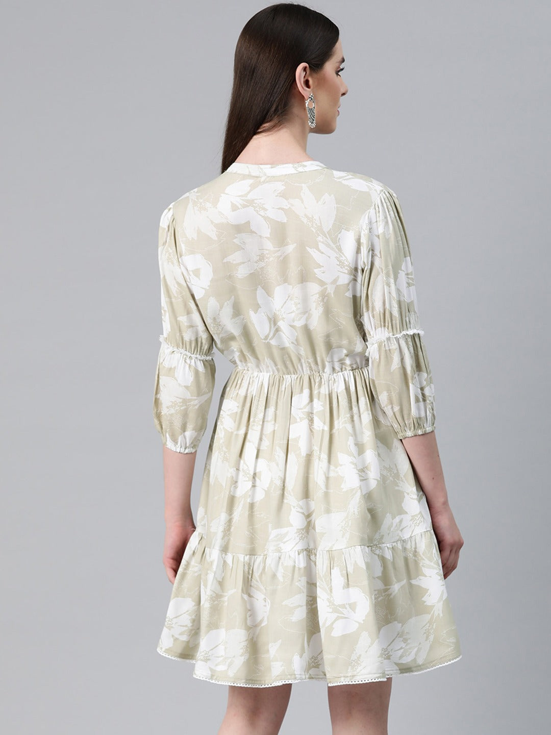 Beige Color Cotton Fabric Tiered Dress