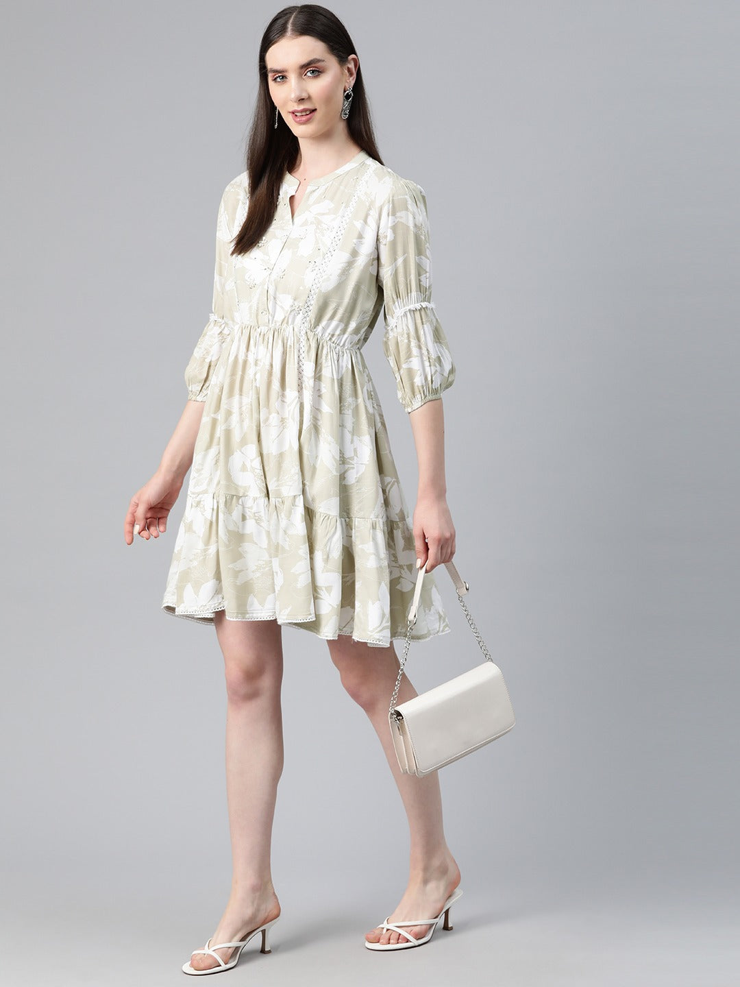 Beige Color Cotton Fabric Tiered Dress