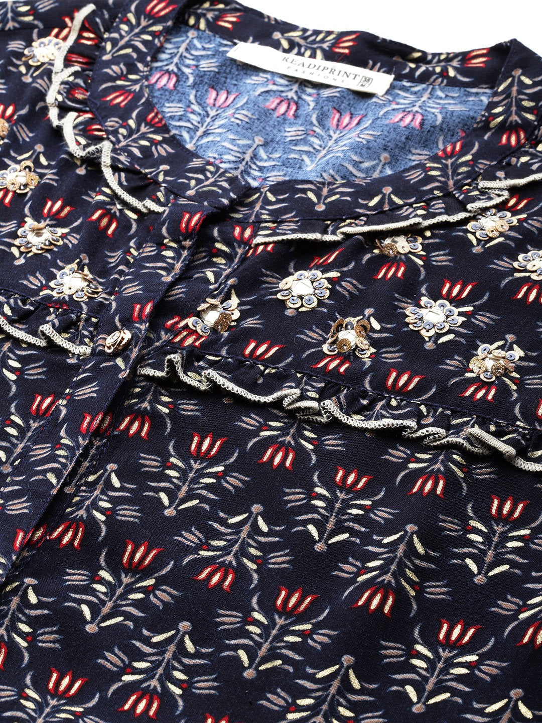 Navy Blue Color Rayon Fabric Gathered Dress